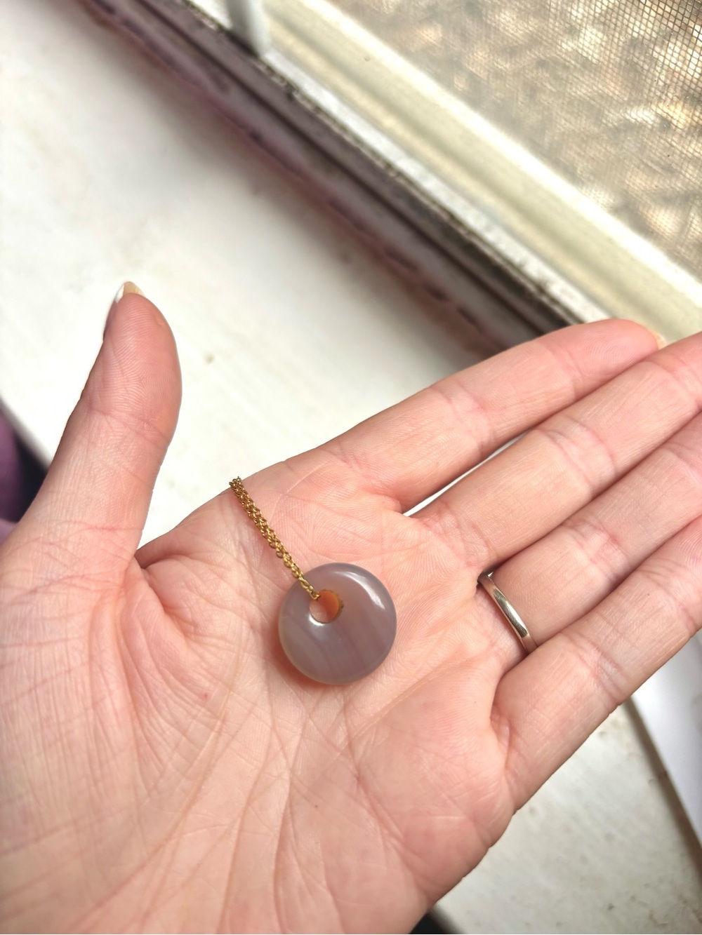 Gold Chain Gray Agate Donut Pendant Necklace